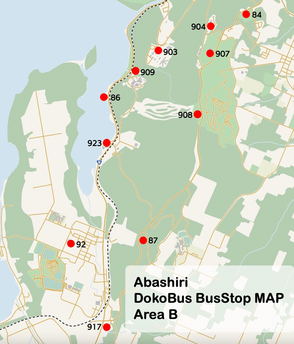 Tentoyama and Abashiri lakeside area map
